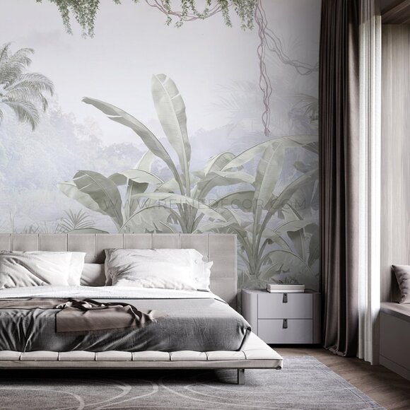 Lush Greenery of a Silver Rainforest in White Wallpaper | Tropical Botanical Wal - Picture 1 of 9